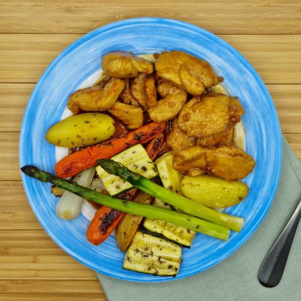Poulet au gingembre et au sirop d’érable, légumes rôtis