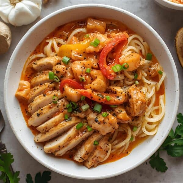 Hähnchen mit cremiger Sauce aus gerösteten Paprikaschoten, Nudeln und Toppings