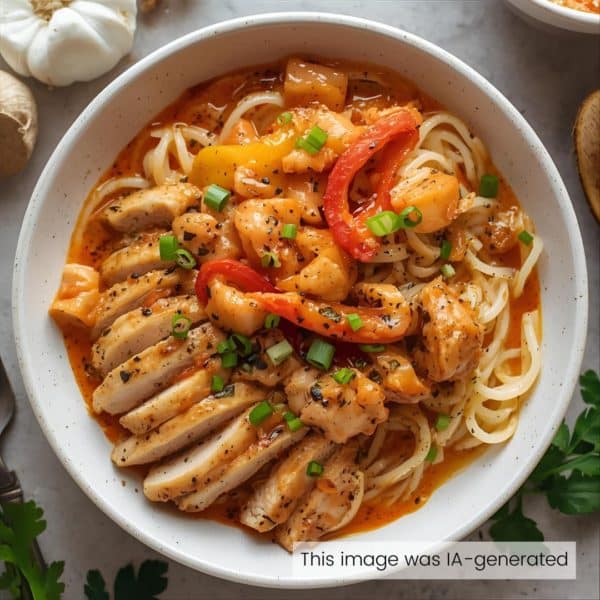 Poulet sauce crémeuse aux poivrons rôtis, nouilles et toppings