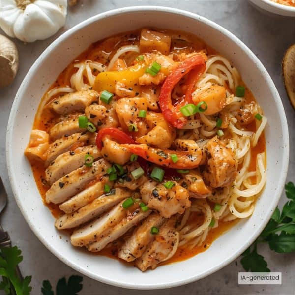 Poulet sauce crémeuse aux poivrons rôtis, nouilles et toppings