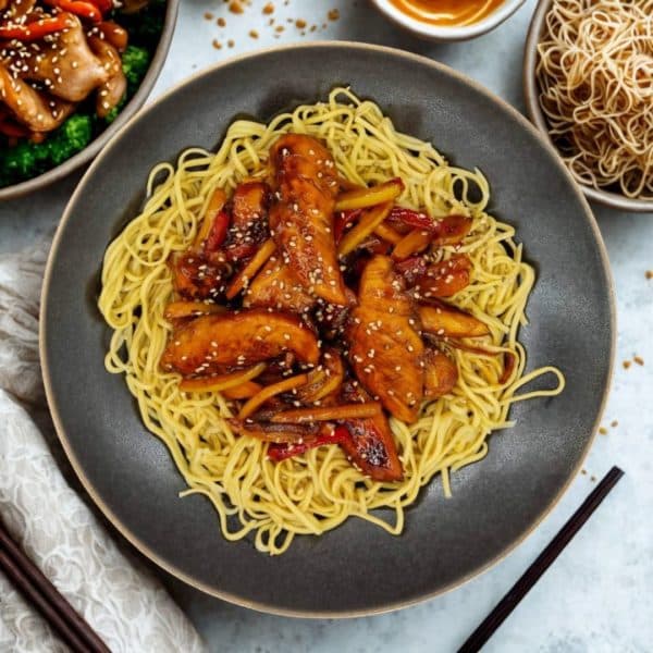 Teriyaki chicken, stir-fried vegetables and Chinese noodles