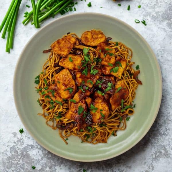 Orange chicken and Chinese noodles