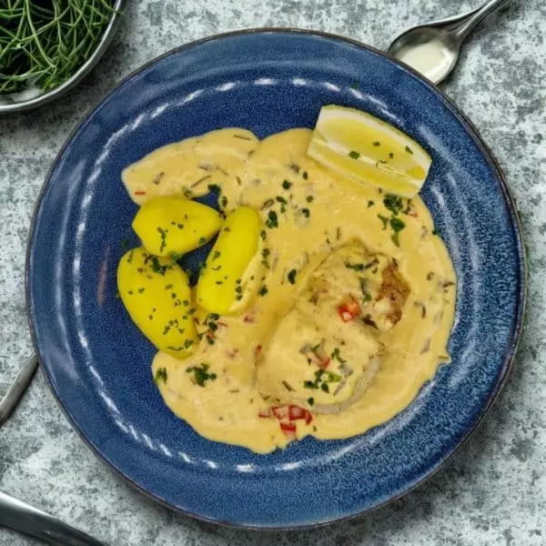 Cabillaud à la crème d’estragon, haricots et pommes de terre