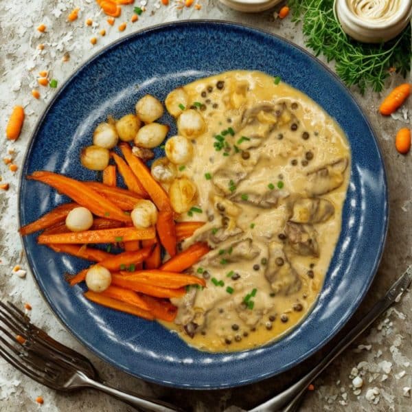 Émincé de boeuf, sauce au poivre, nouillettes et carottes confites