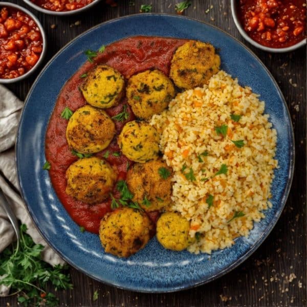Falafels, sauce tomate et boulgour aux carottes
