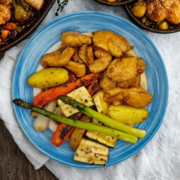 Huhn mit Ingwer und Ahornsirup, gebratenes Gemüse