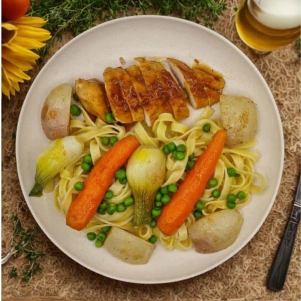 Suprême de poulet au cidre et petits légumes