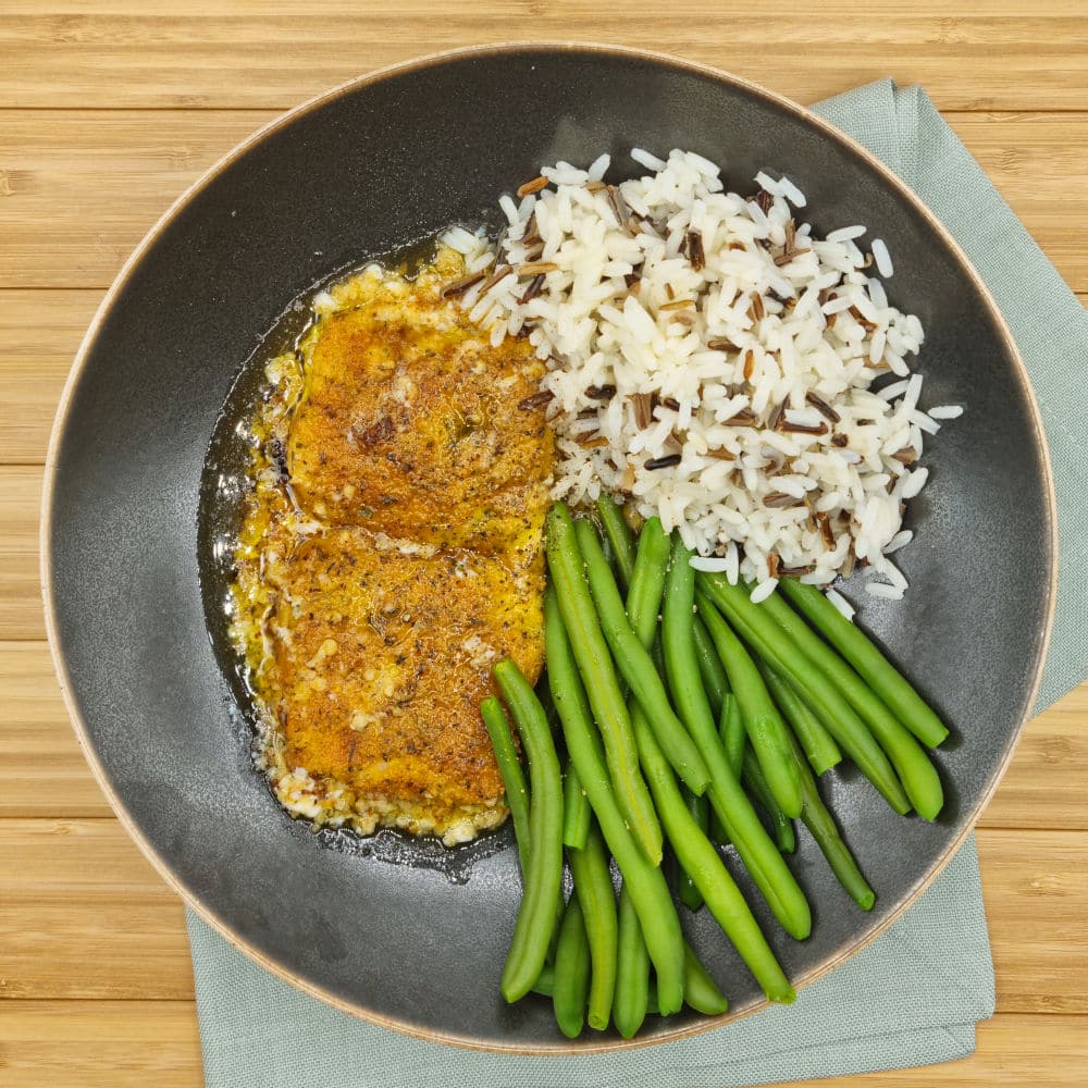 Fish with bordelaise sauce, wild rice and green beans Fit meal