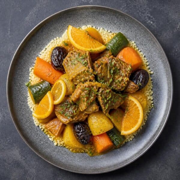 Tajine d’agneau aux légumes, aux pruneaux et aux oranges