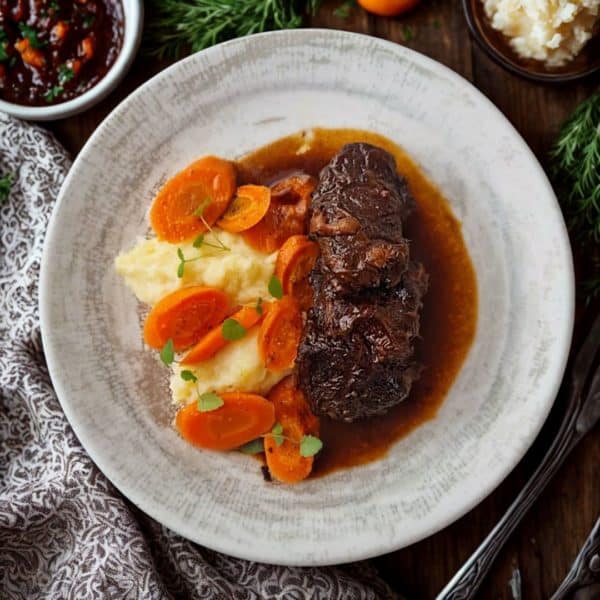 Bœuf braisé au vin rouge, écrasé de pomme de terre et carottes glacées