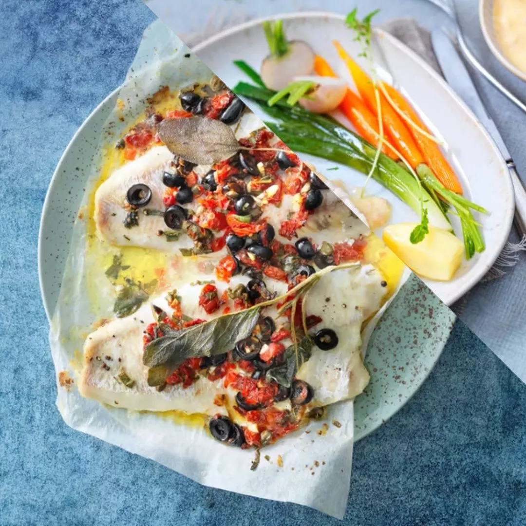 Filet de poisson à la Méditerranéenne, carottes nouvelles et autres petits légumes