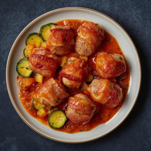 Hackfleischröllchen, Zucchini- und Paprikapfanne