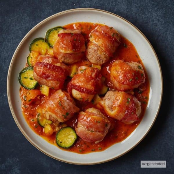 Roulades de viande hachée, poêlée courgette et poivron