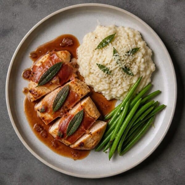 Saltimbocca de poulet, jus au Porto, risotto à la sauge, haricots verts