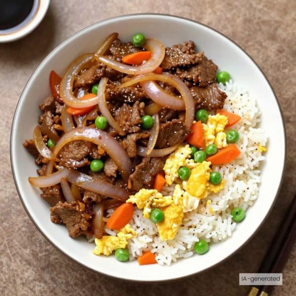 Boeuf sauté aux oignons et riz cantonais