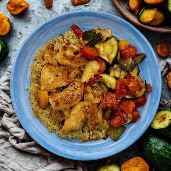 Tajine de poulet aux abricots et Taboulé aux légumes grillées