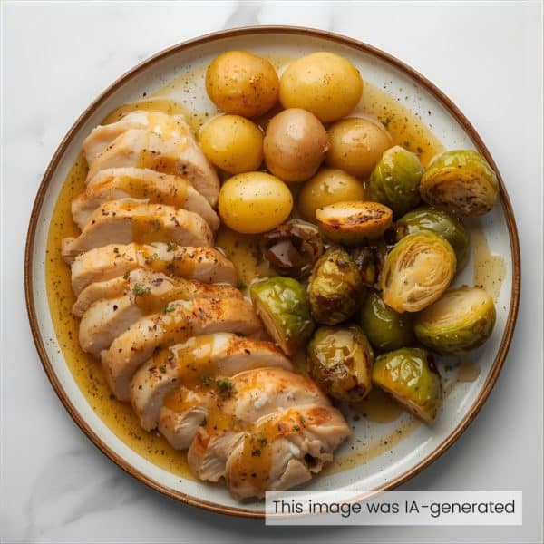 Poulet au vinaigre à la Lyonnaise, pommes nature et choux de Bruxelles rôtis