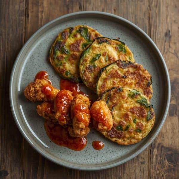 Gebratenes Huhn mit Gochujang und koreanischen Gemüsepfannkuchen