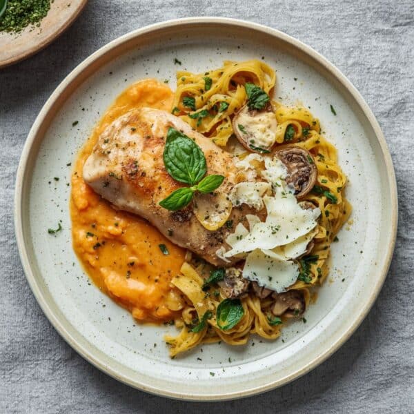 Piccata mit Kräutern, Karottenpüree mit Kokosmilch, Nudeln mit Pilzen