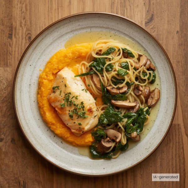 Piccata aux fines herbes, purée de carottes au lait de coco, nouilles aux champignons