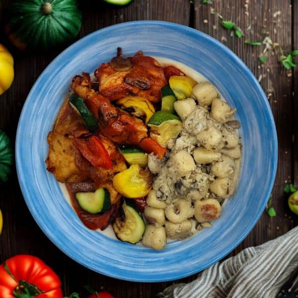 Poulet cacciatore et gnocchis aux champignons et bleu