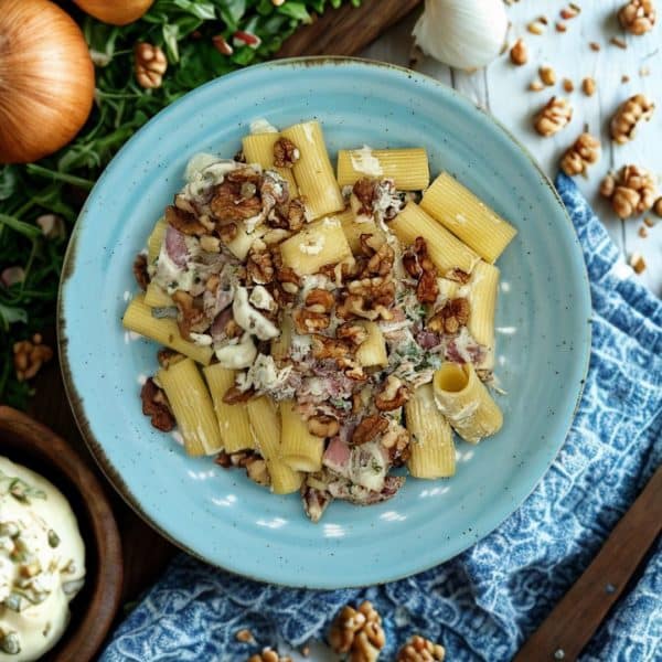 Rigatoni au lard fumé & crème de bleu avec de la ciboulette & des noix