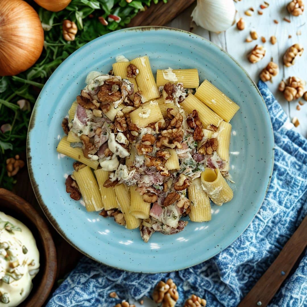 Rigatoni au lard fumé & crème de bleu avec de la ciboulette & des noix