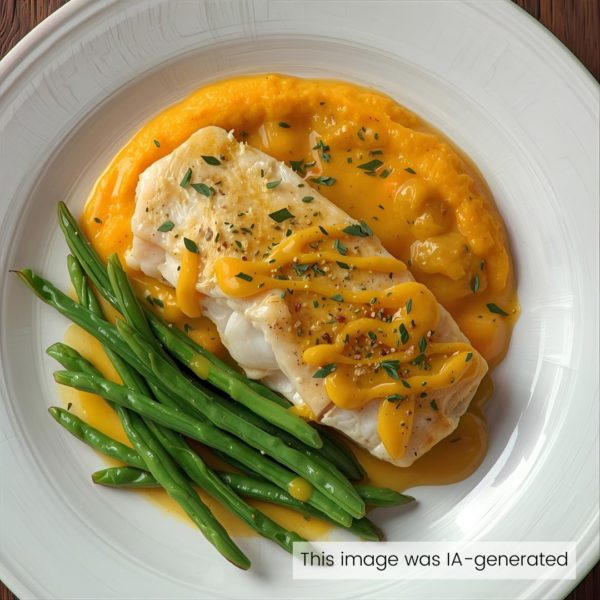 Cabillaud sauce moutarde à l’ancienne, purée de courge et légumes