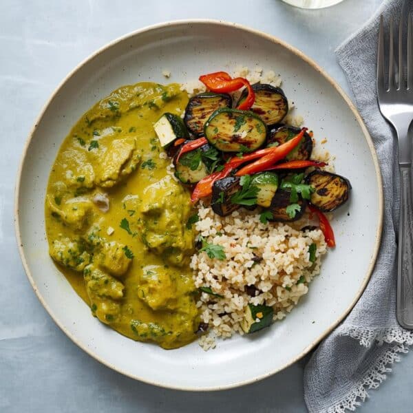 Cari vert végétarien, légumes grillés et couscous aux raisins