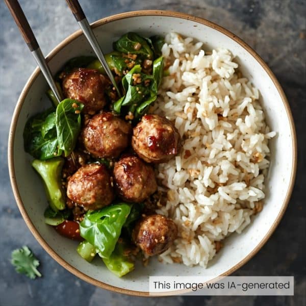 Boulettes végétariennes à la coréenne, poêlée de pak-choï et basmati bio