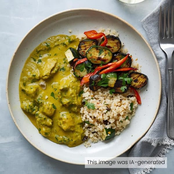Cari vert végétarien, légumes grillés et couscous aux raisins