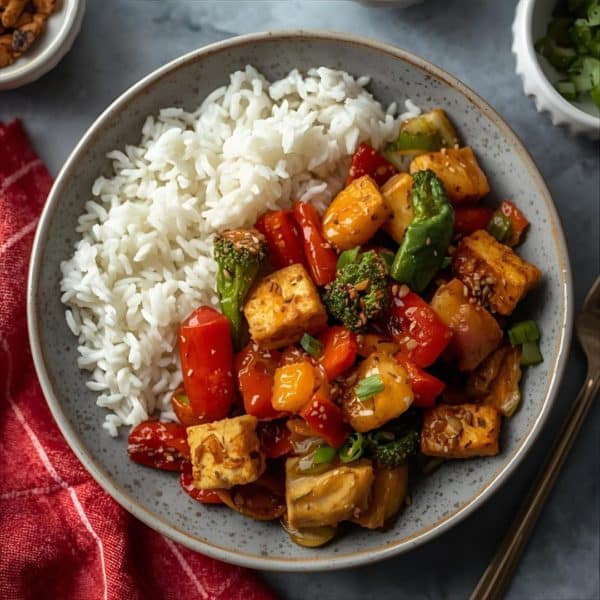 Korean-style tofu with sautéed vegetables