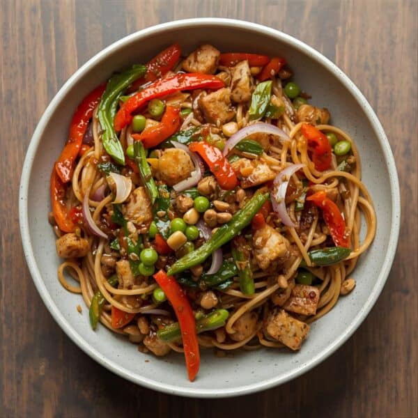 Émincé végétalien Teriyaki, légumes sautés et nouilles chinoise