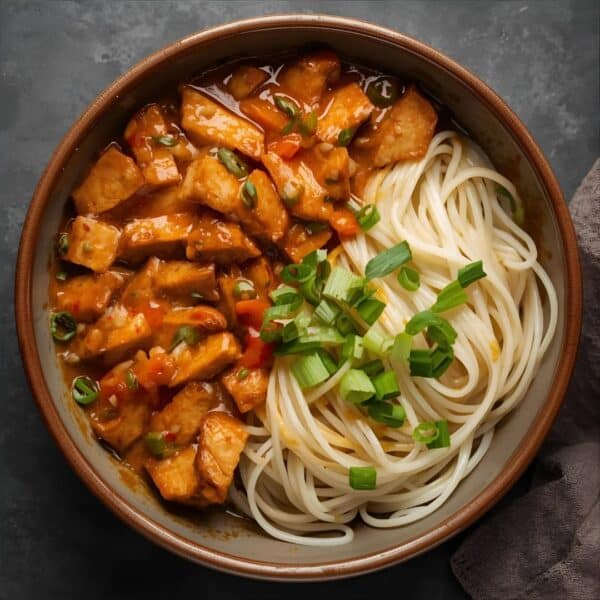 Veganes Geschnetzeltes mit cremiger Sauce aus gerösteten Paprikaschoten, Nudeln und Toppings