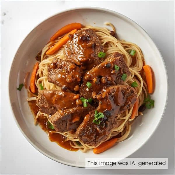 Émincé de Seitan, sauce au poivre, nouillettes et carottes confites