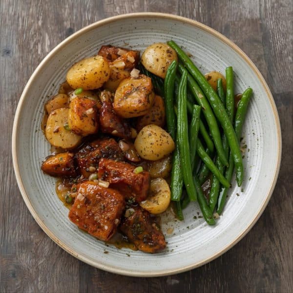 Veganes Geschnetzeltes mit Madeirawein, knusprige Kartoffeln