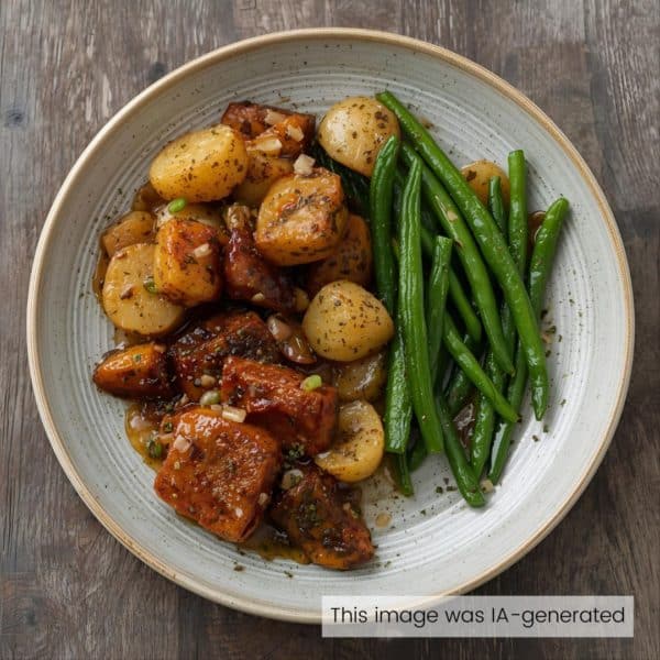 Émincé végétalien au vin de Madère, pomme de terre grenaille croustillantes
