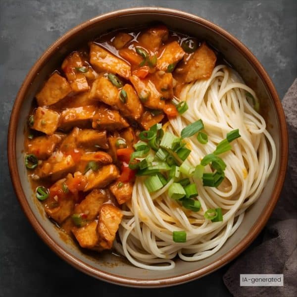 Émincé végétalien sauce crémeuse aux poivrons rôtis, nouilles et toppings