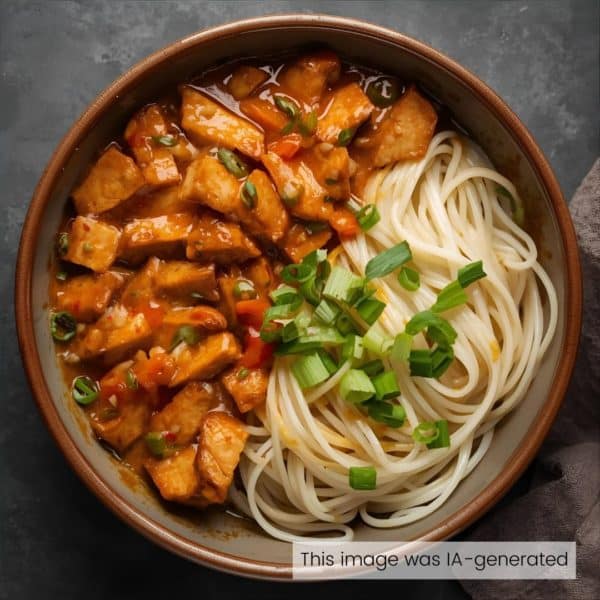 Émincé végétalien sauce crémeuse aux poivrons rôtis, nouilles et toppings