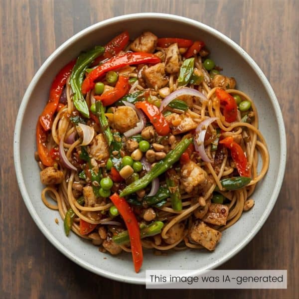 Émincés de pois cassés Teriyaki, légumes sautés et nouilles chinoise