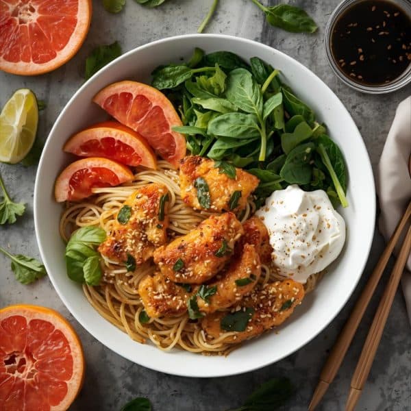 Veganes Geschnetzeltes mit Spinat, Sesam und Grapefruit