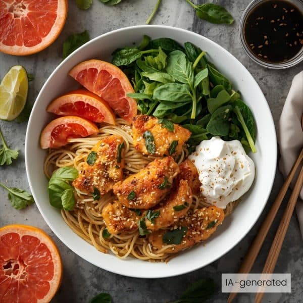 Émincé végétalien marinés avec épinards sésame et grapefruit