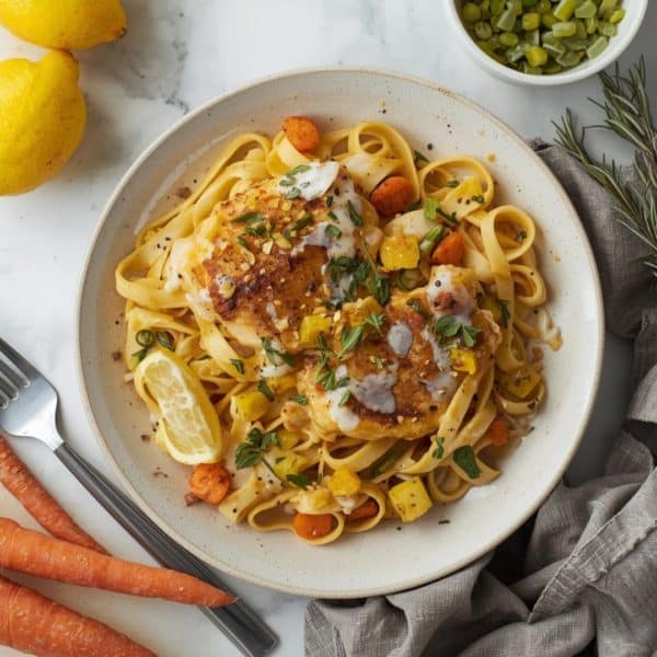 Émincé végétalien, sauce à la crème citron-gingembre, tagliatelles et carottes glacées