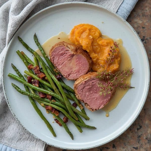 Filet mignon en croûte, sauce moutarde, haricots séchés, purée de patate douce au citron vert