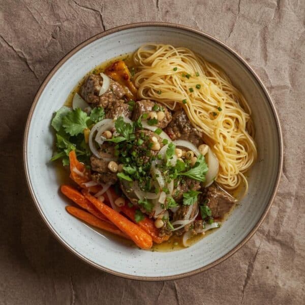 Émincé végétalien, sauce au poivre, nouillettes et carottes confites