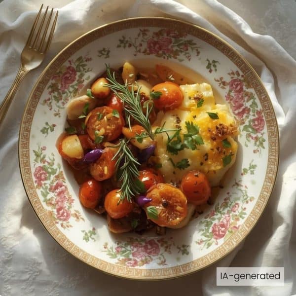 Sauté végétarien thym romarin, gratin dauphinois et tomates persillées