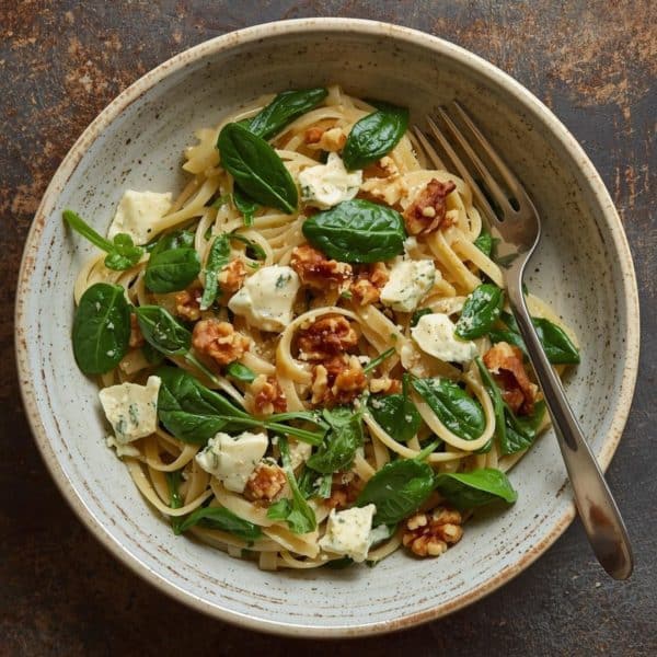 Pâtes au gorgonzola, noix et épinards frais
