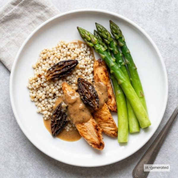 Veganes Geschnetzeltes mit Morchelsauce, Perlgraupen und grünem Spargel