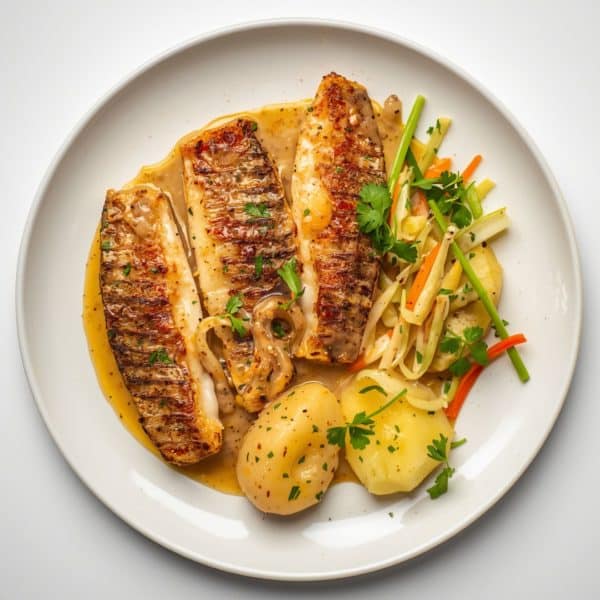 Perch fillets à la meunière, julienned vegetables, and plain potatoes with parsley
