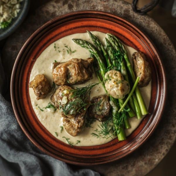 Kalbsragout mit Kräutern und Spargel